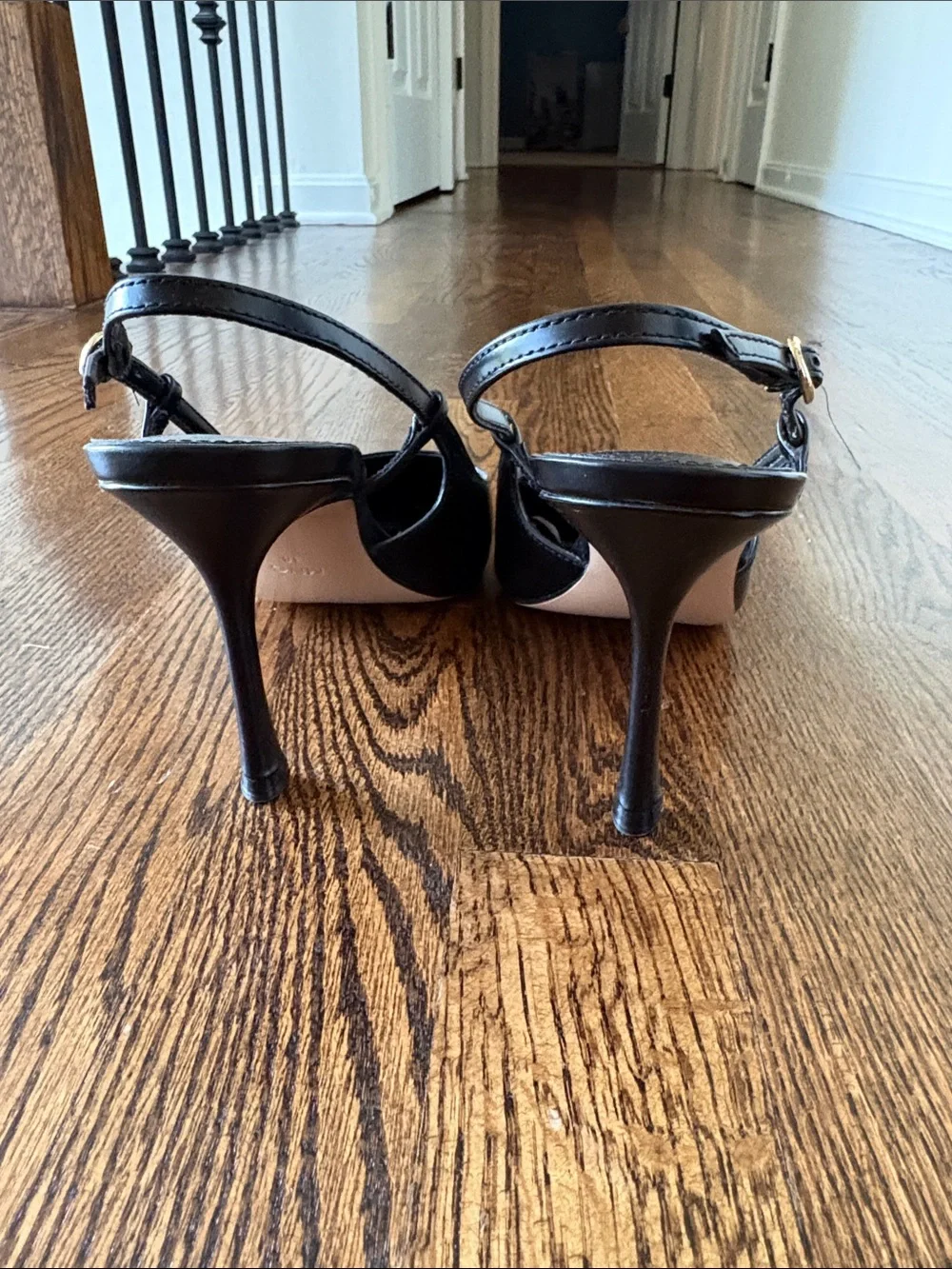 Mango Black Pointed-Toe Slingback Heels with Gold Buckles